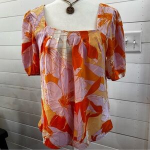 DR2 blouse short and slightly puffy sleeves orange/pink square neckline XS